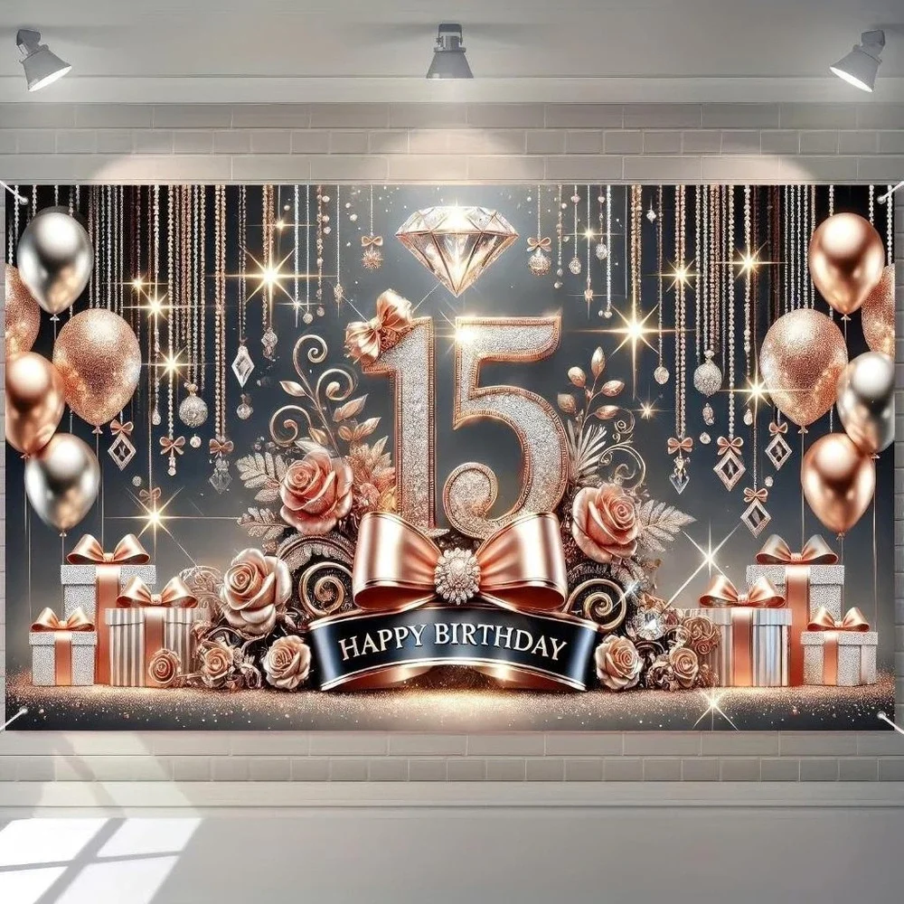 Happy 15th Birthday Banner Balloons Photo Backdrop Decoration 71